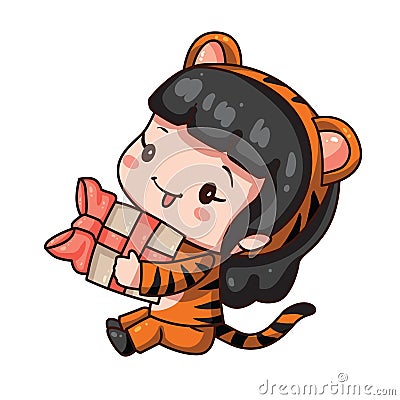 Cartoon girl in tiger costume for chinese new year 2022. Vector Illustration
